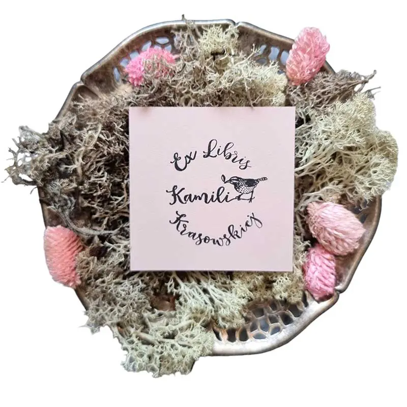 pieczątka ex libris ptaszek z listkiem