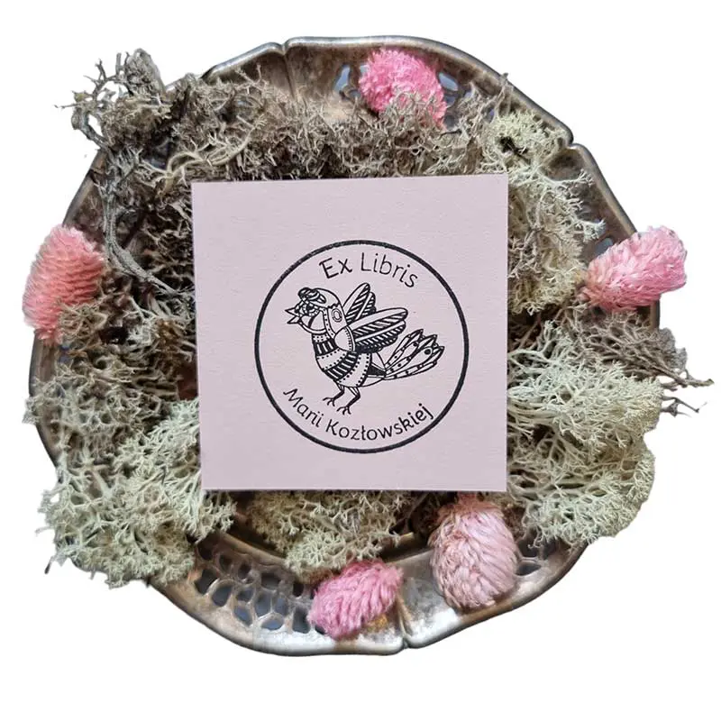 Pieczątka Ex Libris do książek - wyjątkowy wzór z ptaszkiem-robotem dodaje magii i indywidualności Twojej bibliotece. Oznacz swoje książki w niepowtarzalny sposób i stwórz własny literacki świat pełen przygód