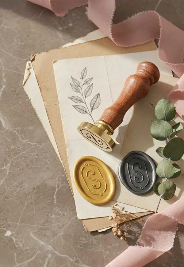 Personalizowany stempel do laku owalny z inicjałem S, mosiężna głowica, brązowy trzonek, przykłady odbicia w złotym i szarym wosku.