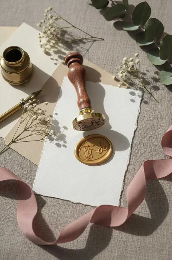 Personalizowany stempel do laku owalny z grawerowanym motywem konia, widoczny grawer na mosiądzu, na tle papieru czerpanego i atramentu.