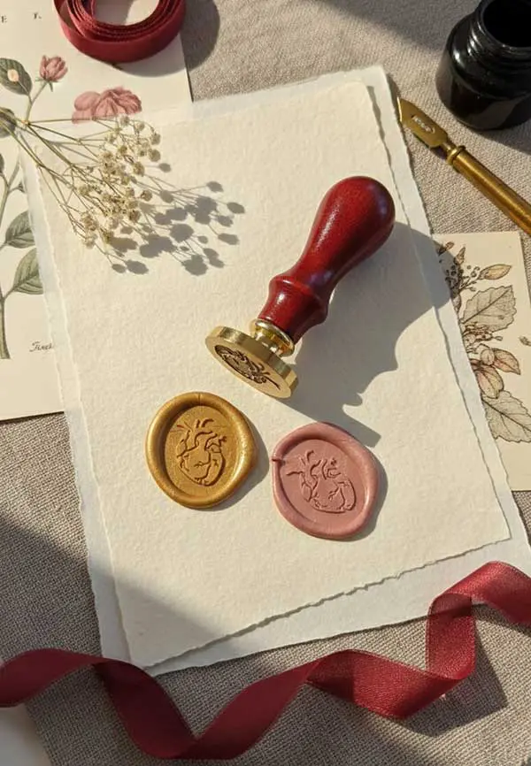 Stempel do laku owalny z motywem serca anatomicznego, czerwony trzonek, przykłady odbicia w kolorze złotym i pudrowym różu.