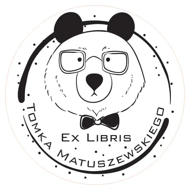 okrągła pieczątka do książek ex libris ze wzorem miś w okularach     