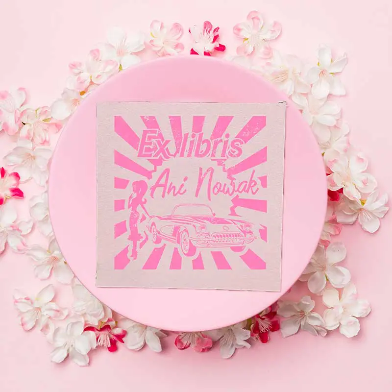 Pieczątka ex libris - seria barbie - samochód Chevrolet Corvette