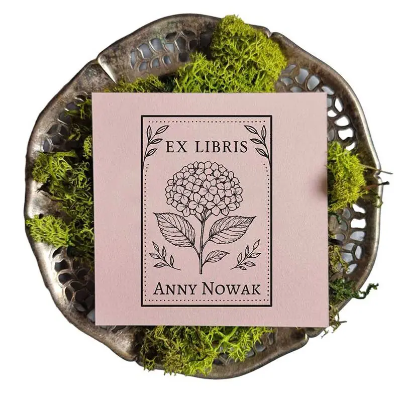 Ex libris z hortensją w ozdobnej ramce z możliwością personalizacji