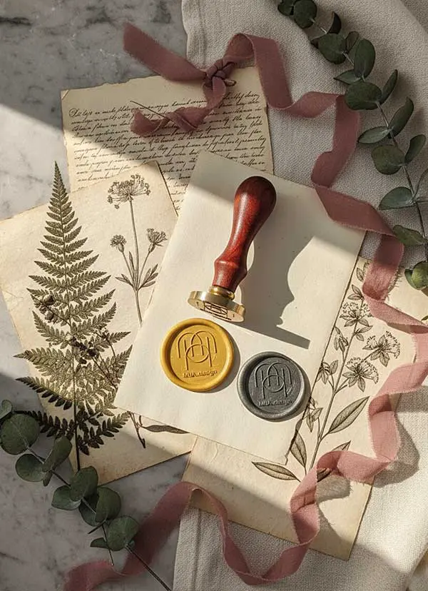 Stempel do laku okrągły 30 mm, mosiężny, złote i srebrne odbicie z monogramem MUA Design, duży rozmiar na złożone monogramy.