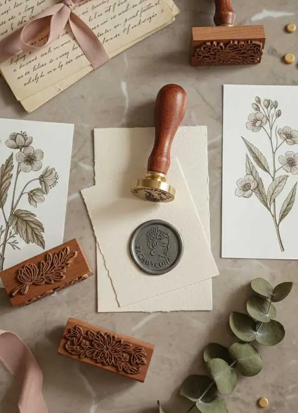 Personalizowany stempel do laku 30 mm, mosiężny, srebrne odbicie z profilem i tekstem, powiększony rozmiar, luksusowy detal.