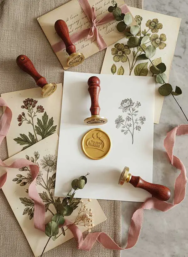 Mosiężny stempel do laku okrągły 35 mm, złote odbicie z logo Początek Świata, duży rozmiar na szczegółowe motywy botaniczne.