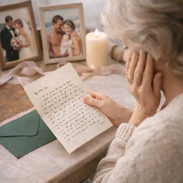 Starsza kobieta ze wzruszeniem czyta odręcznie napisany list miłosny przy zapalonej świecy, w tle ramki ze zdjęciami ślubnymi i rodzinnymi.