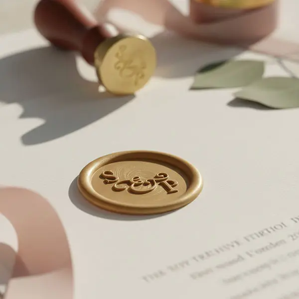 Personalizowany stempel do laku okrągły 25 mm, mosiężny, odbicie z herbem, złoty lak, idealny rozmiar do zaproszeń.