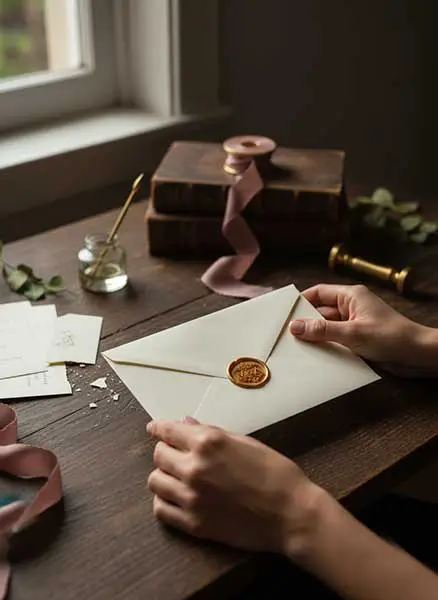 Stempel do laku okrągły 25 mm, mosiężny z drewnianym trzonkiem, złote odbicie z napisem, kolekcja stempli pieczęciowych w tle.