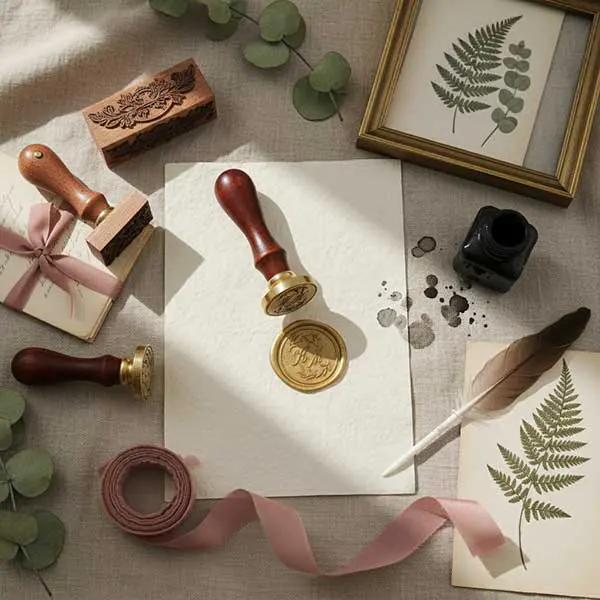 Stempel do laku okrągły 25 mm, mosiężny z drewnianym trzonkiem, złote odbicie z napisem, kolekcja stempli pieczęciowych w tle.