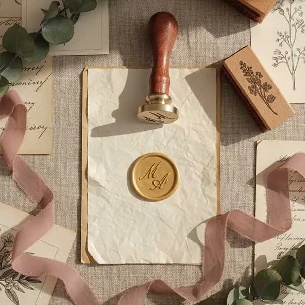 Personalizowany stempel do laku okrągły 25 mm, mosiężny, odbicie z herbem, złoty lak, idealny rozmiar do zaproszeń.