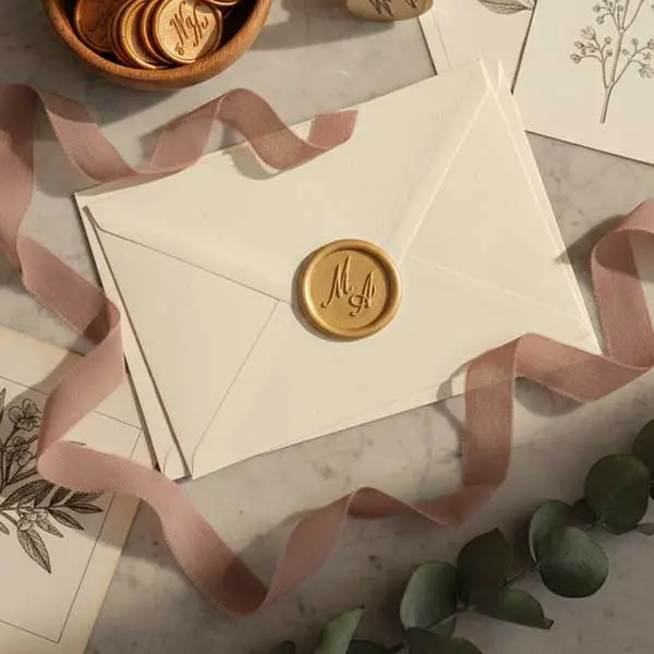 Stempel do laku okrągły 25 mm, mosiężny z drewnianym trzonkiem, złote odbicie z napisem, kolekcja stempli pieczęciowych w tle.