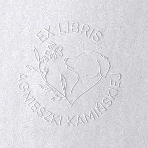 Suchy stempel ex libris z motywem psa i kwiatka