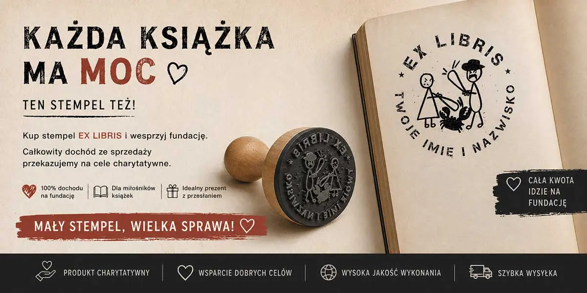 Okrągły drewniany stempel ex libris 50 mm z napisem Twoje Imię i Nazwisko oraz grafiką Fundacji Cancer Fighters.