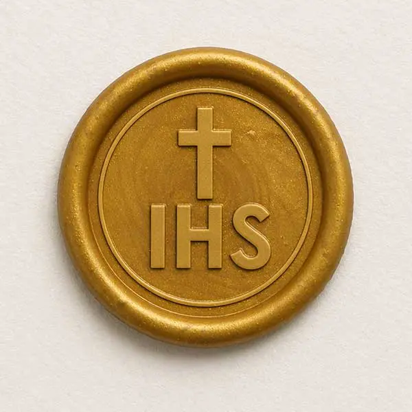 Złota pieczęć z laku z monogramem IHS i krzyżem na białym, fakturowanym tle.