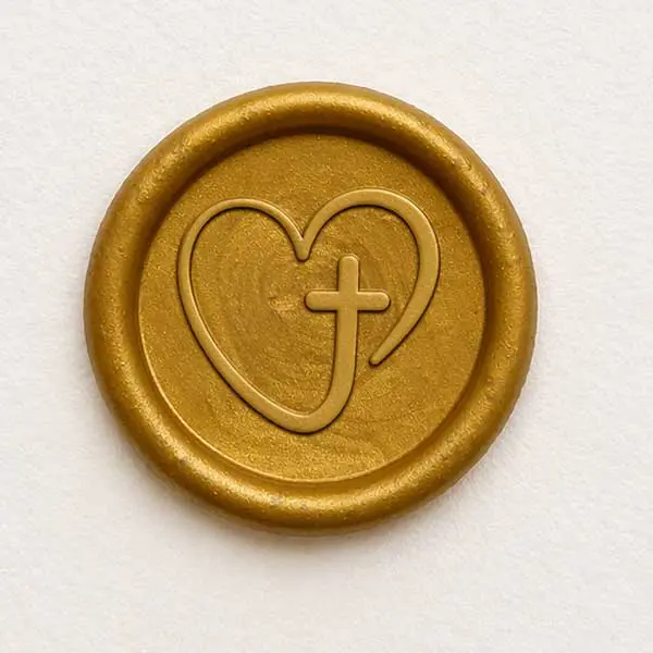 Złota pieczęć do laku z motywem splecionego serca i krzyża na jasnym, fakturowanym tle.