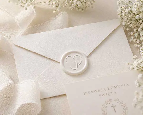 Biała pieczęć do laku ze wzorem serca i krzyża na kremowej kopercie komunijnej w otoczeniu gipsówki i jedwabnych wstążek.