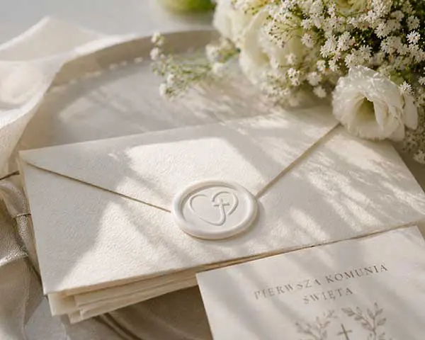 Biała pieczęć lakowa ze wzorem serca i krzyża na kopercie komunijnej z fakturowanego papieru, w otoczeniu jasnych kwiatów i jedwabnych wstążek.