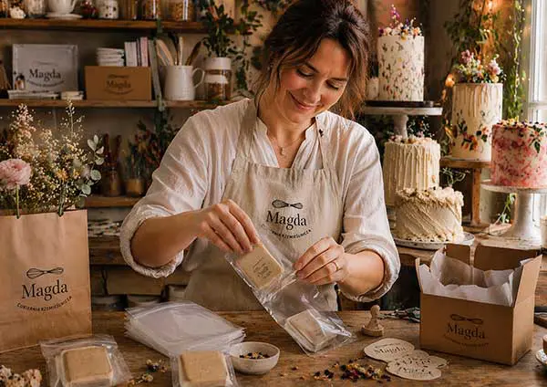 Dłonie piszące list różowym piórem na teksturowanym papierze obok zapalonej świecy i stosu kopert z lakiem.