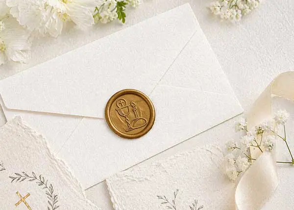 Odbicie w złotym laku z motywem kielicha na białej, fakturowanej kopercie.