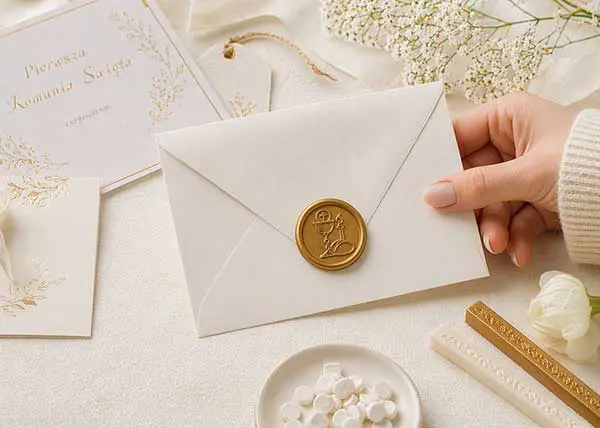 Kwadratowy stempel do laku z logo firmy, odbicie w lakierze, zastosowanie pieczęci w brandingu i opakowaniach premium.