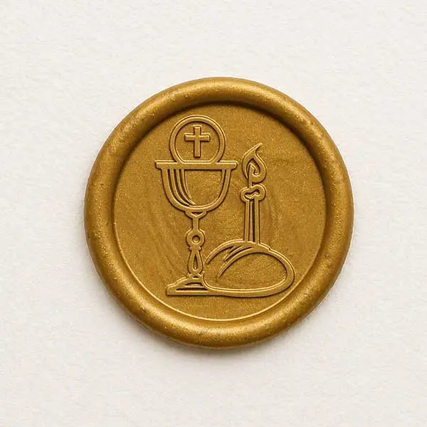 Mosiężny stempel do laku z wygrawerowanym wzorem kielicha, hostii i świecy na uroczystość Pierwszej Komunii Świętej.
