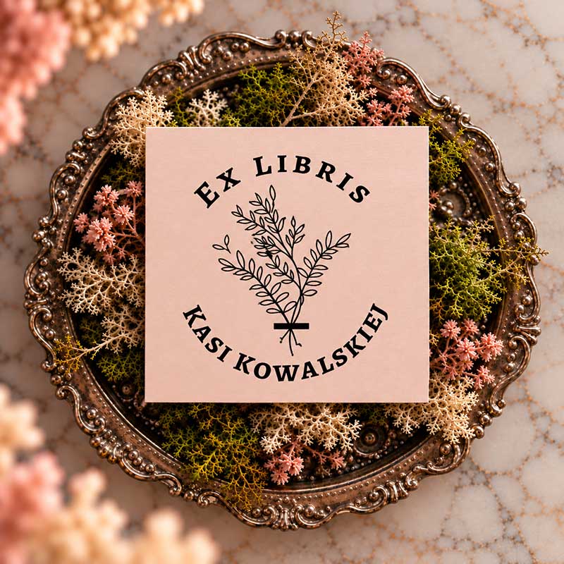 Wzór pieczątki Ex Libris z bukiecikiem cienkich gałązek i drobnych listków, napisem Ex Libris u góry oraz imieniem i nazwiskiem u dołu