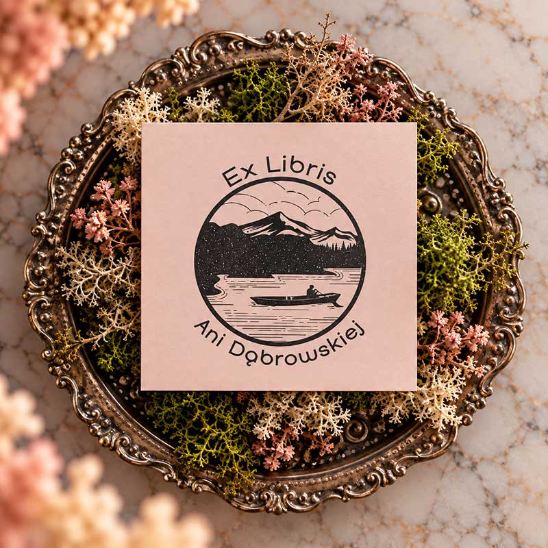 Okrągły wzór pieczątki Ex Libris z łódką na jeziorze, zalesionymi brzegami, górami w tle i personalizowanym napisem