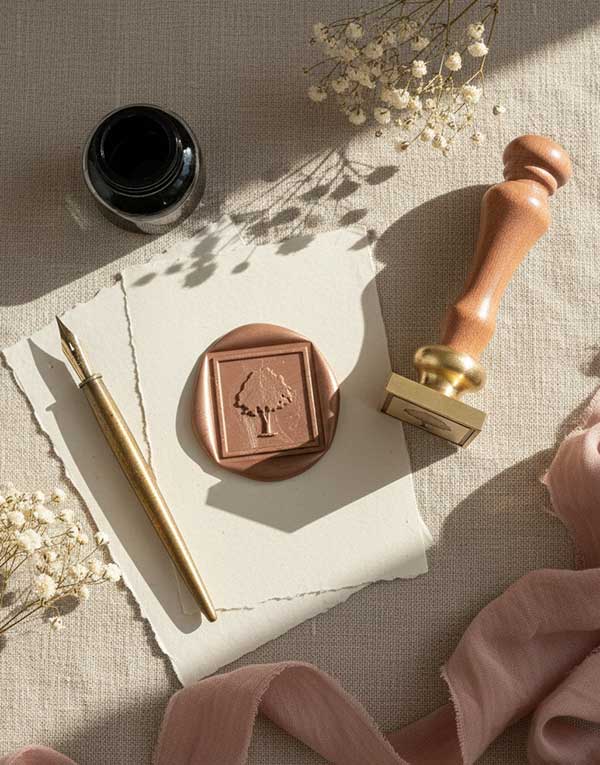 Kwadratowy stempel do laku z logo firmy, odbicie w lakierze, zastosowanie pieczęci w brandingu i opakowaniach premium.
