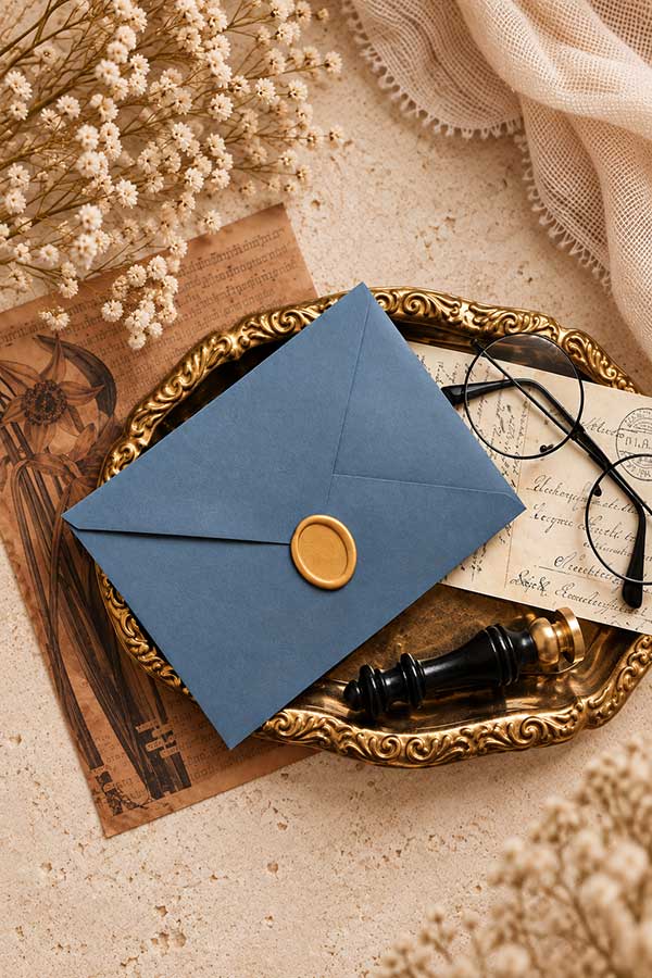 Personalizowany owalny stempel do laku – złote odbicie na niebieskiej kopercie
