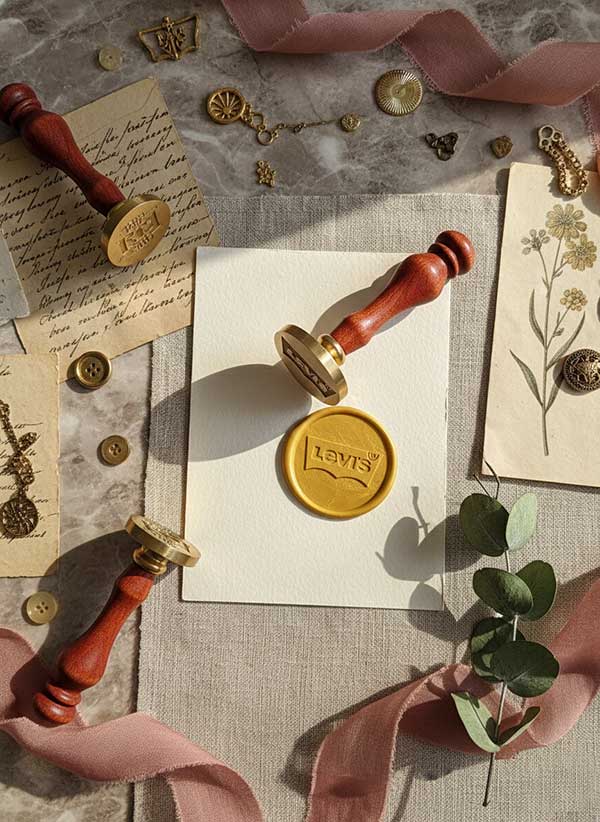 Duży stempel do laku okrągły 30 mm, złote odbicie z logo Levi’s, kompozycja vintage, idealny do brandingu premium.
