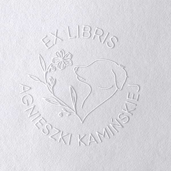 Suchy stempel ex libris z motywem psa i kwiatka