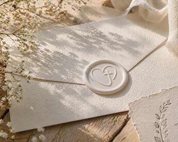 Białe odbicie lakowe ze wzorem serca i krzyża na fakturowanej kopercie, skąpane w naturalnym świetle i cieniach kwiatów.